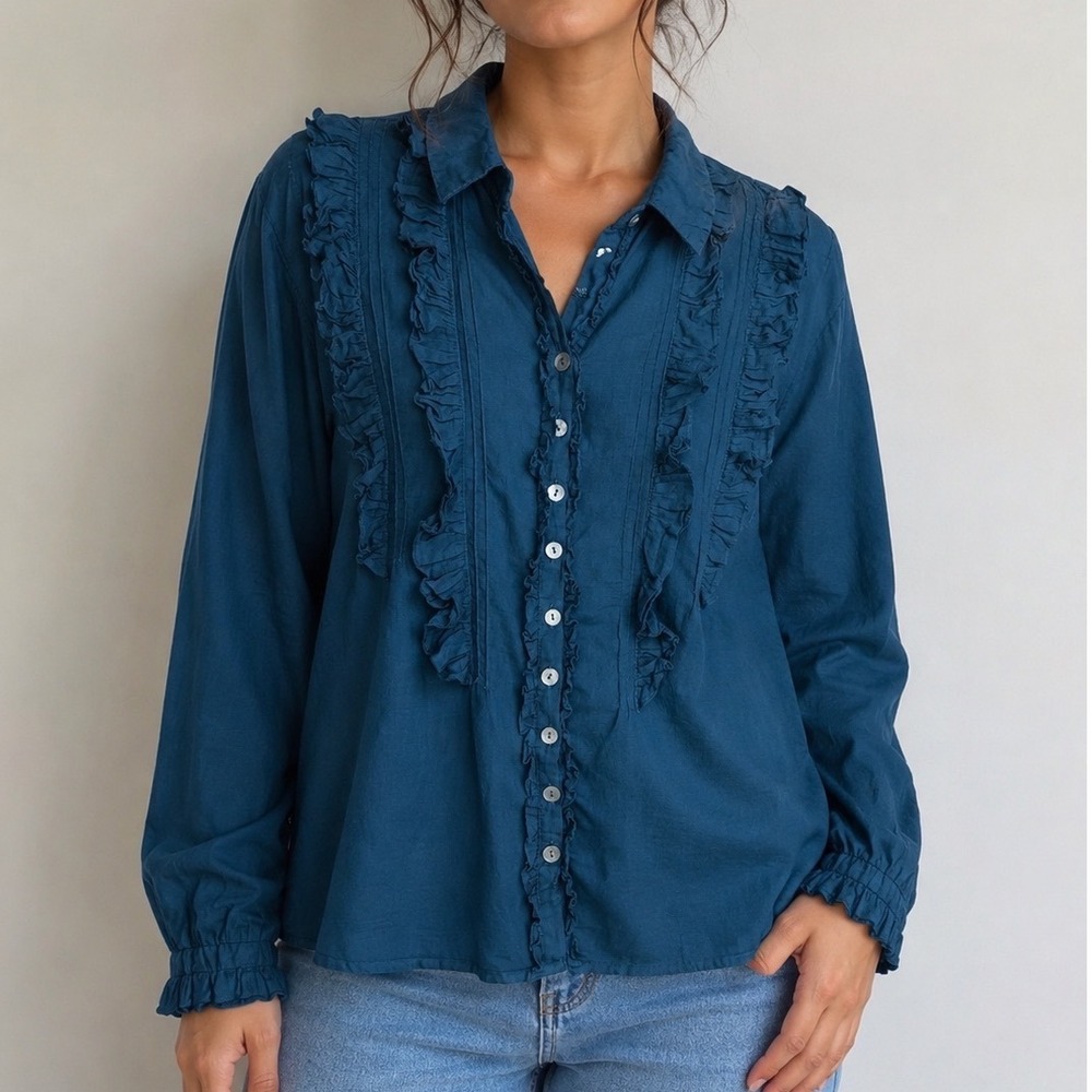 JP and Mattie Teal Blue Ruffle Trim Cotton Boho Blouse L Long Sleeve prairie